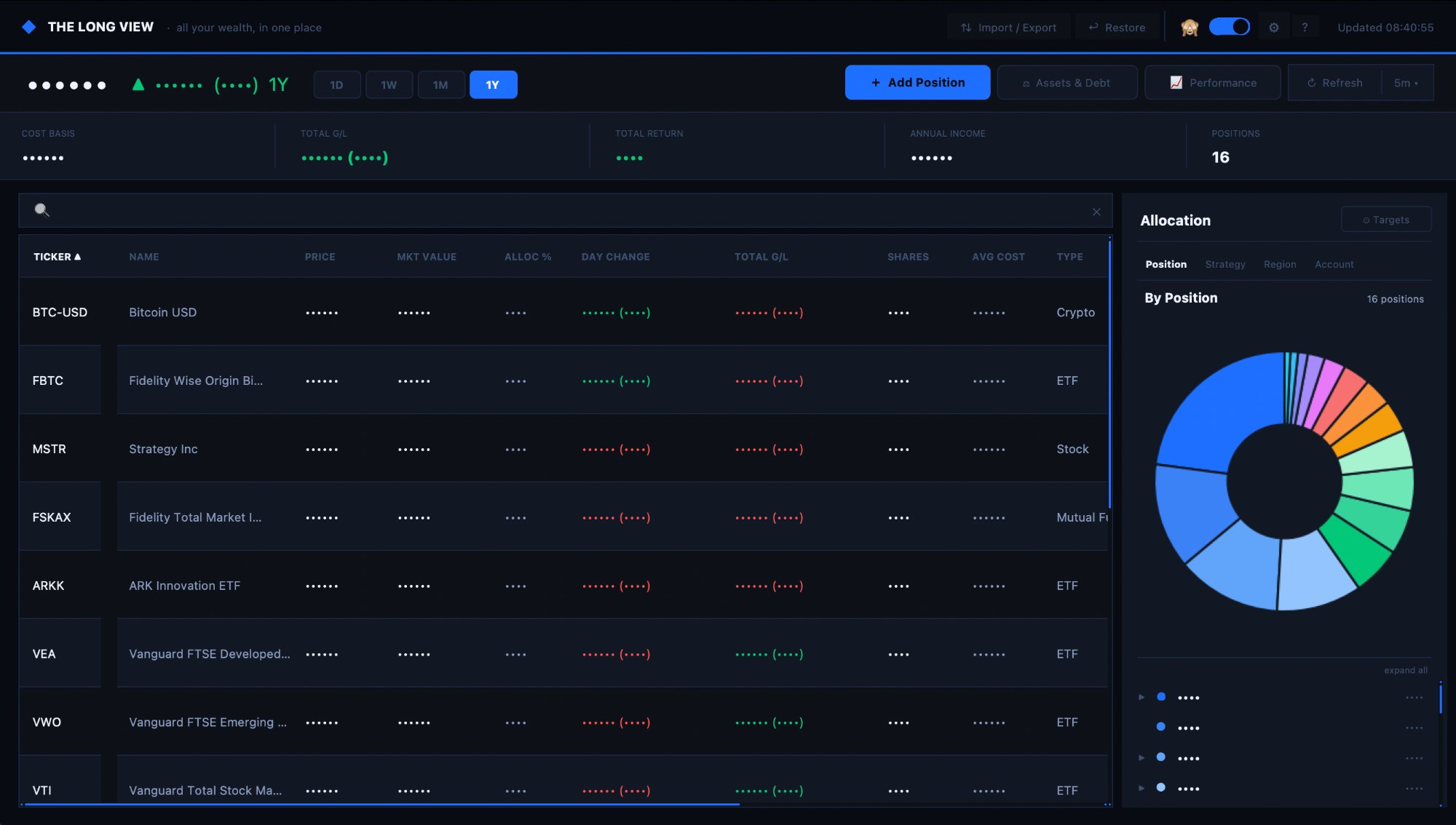 The Long View app — portfolio tracker with allocation chart